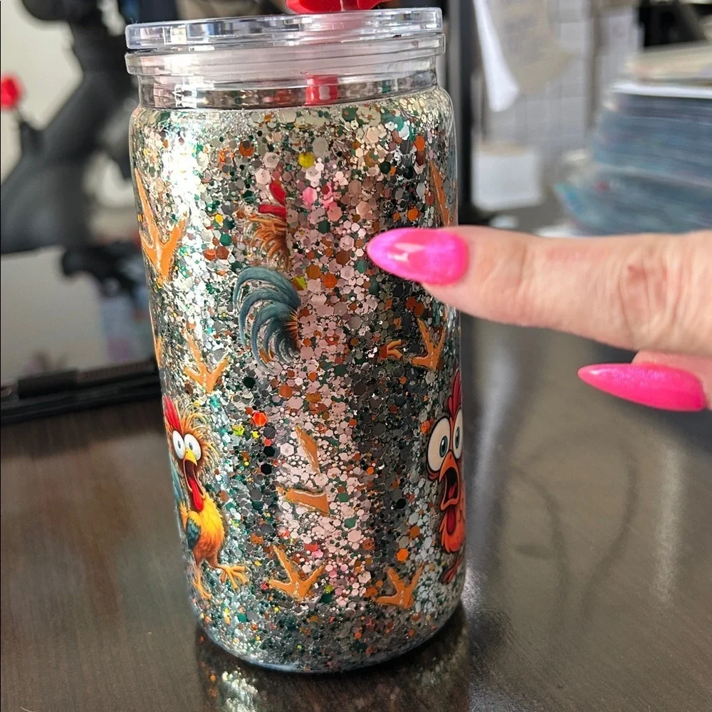 F-CAW-F Chicken 16oz Double-Walled Acrylic Glitter Tumbler with Straw Buddy